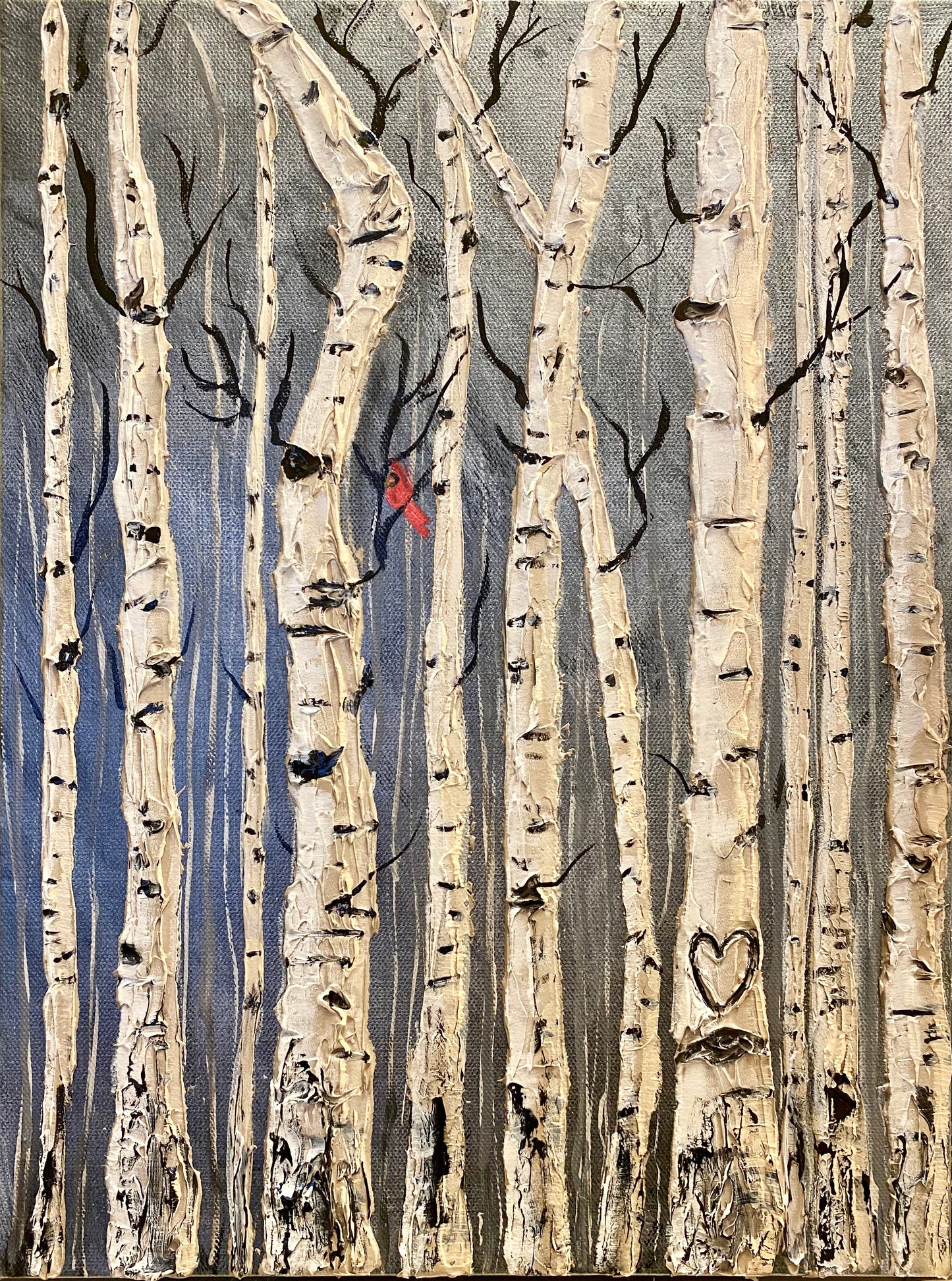 "Whispers of Love: Birch Trees with Carved Hearts and a Regal Cardinal"