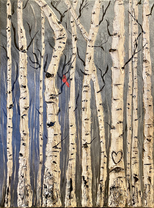 "Whispers of Love: Birch Trees with Carved Hearts and a Regal Cardinal"