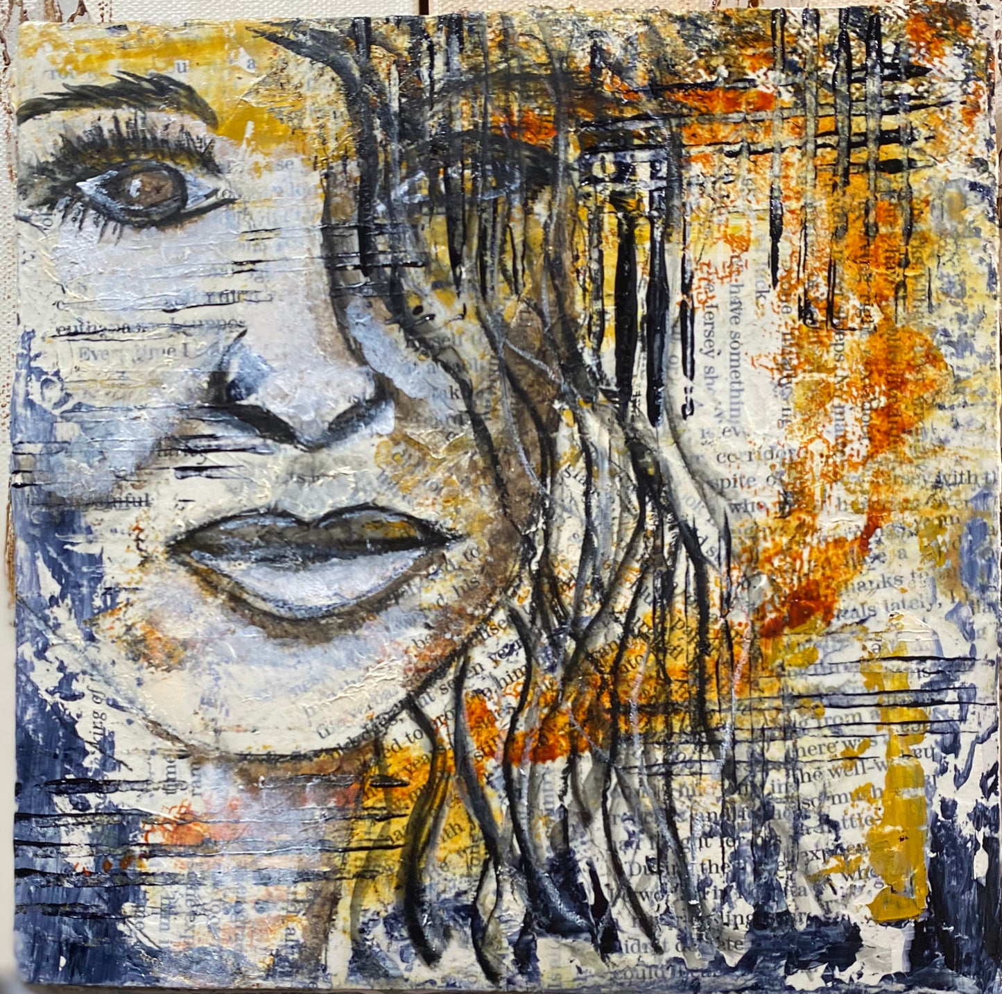 "Amber Serenity: Intense Texture Collage Portrait"