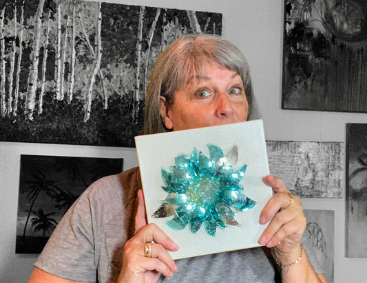 Silver and Blue cut glass flower